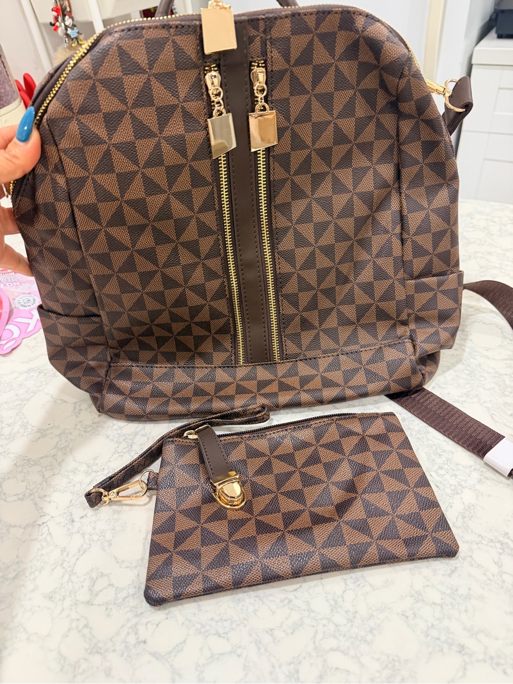 Brown Geometric Pattern Backpack with Matching Zip Pouch